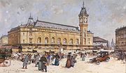 47.–48. KW Der Bahnhof Paris Gare de Lyon gemalt von Eugène Galien-Laloue. Das Bild wurde spätestens 1910 in Aquarell und Mischtechnik auf Papier gemalt und hat eine Größe von ca. 20 x 32 cm.