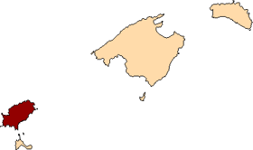 Lage von Lage Ibizas in Bezug auf die Balearen in den Balearischen Inseln (anklickbare Karte)