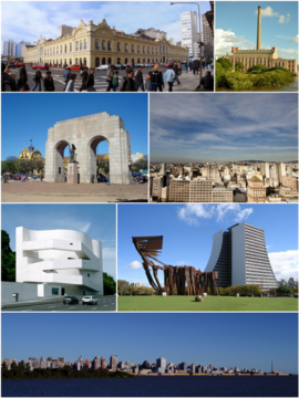 左上起：Usina do Gasômetro; the Laçador statue (symbol of the city); panoramic view of the port; Public Market; Monument to the Azorean people with the Administrative Center of the State of Rio Grande do Sul.