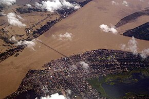 Aerial view of Kizuna Bridge over Mekong river on AH11 route