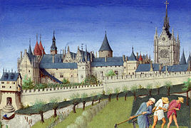 Sağdaki Sainte-Chapelle'i gösteren, 1410 dolaylarında Très Riches Heures du Duc de Berry'deki Île de la Cité'deki kraliyet sarayı