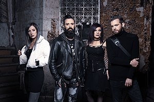 Press photo of Skillet, 2019. From left to right: Jen Ledger, John Cooper, Korey Cooper and Seth Morrison.