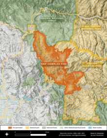 The irregular footprint of the KNP Complex Fire stretches from northwest to southeast within the boundaries of the national park