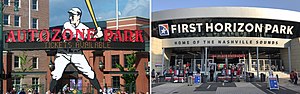 The entrance to AutoZone Park with a large sign featuring a baseball player and the concrete, metal, and glass facade of First Horizon Park