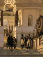 Napoléon I visitant l'escalier du Louvre sous la conduite des architectes Percier et Fontaine (1833), París, Museo del Louvre.
