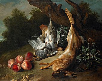 Natură static�� cu vânat mort și piersici într-un peisaj, (1727), 80 x 100.3 cm., Muzeul de Artă din Birmingham