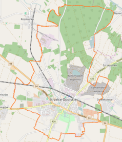 Mapa konturowa Strzelec Opolskich, na dole znajduje się punkt z opisem „Mokre Łany”