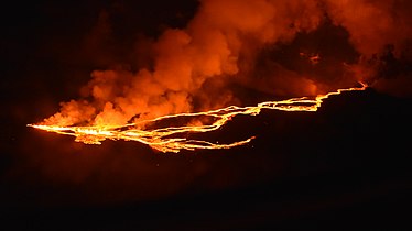 Aerial photo of an erupting fissure during the 2022 eruption of Mauna Loa