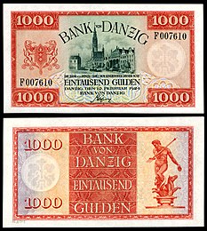 1,000 Gulden Danzig (1924) yn arddangos Neuadd y Ddinas