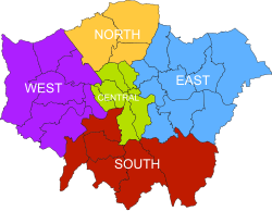 The five sub-regions shown within Greater London