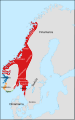 Reinos noruegueses em 872 (o reino unificado encontra-se a vermelho) antes da batalha decisiva do fiorde de Hafrs.