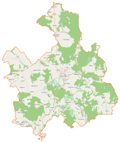 Mapa konturowa gminy Połczyn-Zdrój, blisko centrum na dole znajduje się punkt z opisem „Radiowo-Telewizyjny Ośrodek Nadawczy Toporzyk”