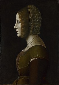 Portrait peint de profil d'une femme tournée vers la gauche et portant des vêtements assez sobres