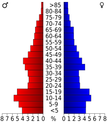 Schéma représentant la population du comté, par tranche d'âge. En rouge, à gauche, les femmes, en bleu à droite, les hommes.