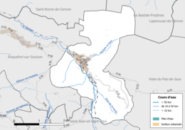 Carte en couleur présentant le réseau hydrographique de la commune