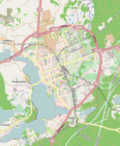 Mapa konturowa Ełku, na dole nieco na prawo znajduje się punkt z opisem „Osiedle Wczasowe”