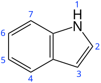 Strukturna formula molekule indola, koja pokazuje konvenciju o numeriranju za supstituentne skupine.