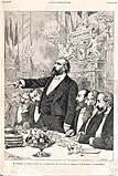 Gambetta prononçant un discours au banquet offert par la corporation des voyageurs de commerce, le 24 décembre 1878. Gravure de Charles Gillot d'après Adrien Marie, L'Illustration, 4 janvier 1879.