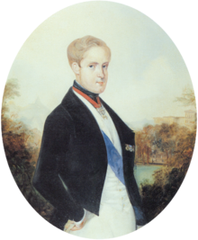 A painting depicting a light-haired young man standing in profile with head turned toward the viewer and wearing a black cutaway coat, white vest and white trousers with a blue sash of office over the vest and the Order of the Golden Fleece suspended on a red ribbon around his neck