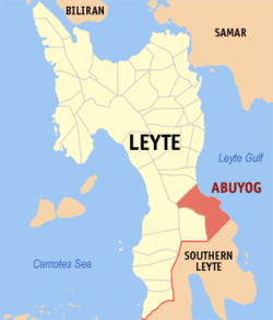 Mapa ng Leyte na nagpapakita sa lokasyon ng Abuyog.