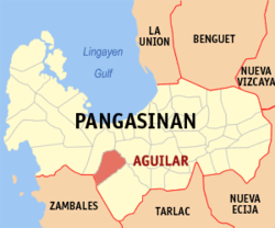 Mapa ng Pangasinan na nagpapakita sa lokasyon ng Aguilar.