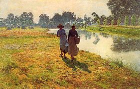 1887 Jeunes paysannes marchant sur les bords de la Lys