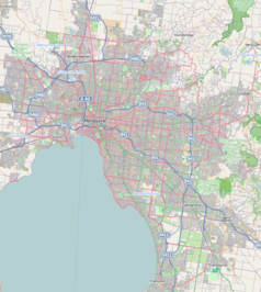 Mapa konturowa Melbourne, blisko centrum na lewo znajduje się punkt z opisem „120 Collins Street”