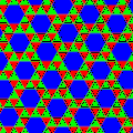 Snub trihexagonal tiling (ignoring the colors: p6); the translation vectors are rotated a little to the right compared with the directions in the underlying hexagonal lattice of the image