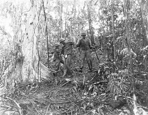 Раненному солдату армии США оказывают помощь на позициях у реки Матаникау 15 января 1943 года
