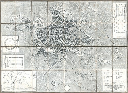 Karte Roms um 1843. Der Gegensatz zwischen den Gebieten abitato und disabitato innerhalb der Aurelianischen Mauer ist gut zu erkennen.