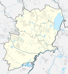 Mapa konturowa powiatu bieruńsko-lędzińskiego, u góry nieco na prawo znajduje się punkt z opisem „Imielin”