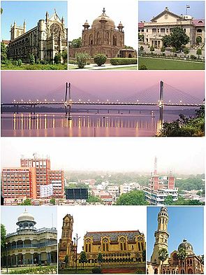 Clockwise from top left: All Saints Cathedral, خسرو باغ, the الہ آباد ہائی کورٹ, the New Yamuna Bridge near Sangam, skyline of سول لائنز، الہ آباد, the جامعہ الٰہ آباد, Thornhill Mayne Memorial at Alfred Park and آنند بھون.