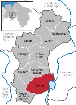 Läget för staden Damme i Landkreis Vechta
