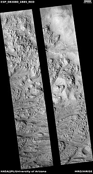 Wide view of layers, as seen by HiRISE. Black strip in middle is due to a malfunction.