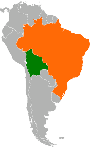 Mapa indicando localização do Brasil e da Bolívia.
