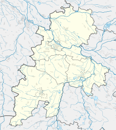 Mapa konturowa powiatu brzeskiego, po prawej znajduje się punkt z opisem „Lewin Brzeski”