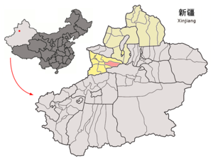 Künes İlçesi'in Sincan Uygur Özerk Bölgesideki konumu (pembe)