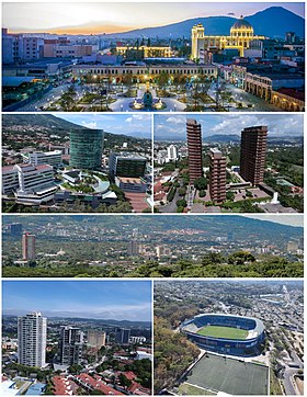 De cima, da esquerda para a direita: Palácio Nacional de El Salvador, Zona Rosa (San Salvador), Templo de El Salvador, Catedral Metropolitana de San Salvador, Vista da capital, Zona Rosa e Estádio Cuscatlán