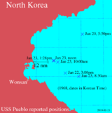Map showing USS Pueblo's positions January 20–23, 1968.