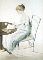 Aquarelle de Cassandra. Jeune fille assise, dessinant