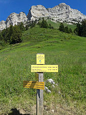Panneaux directionnels de randonnée sous un alpage et des falaises.
