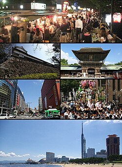 Dari kiri atas: Yatai di Nakasu Istana Fukuoka, Kuil Hakozaki Tenjin, Hakata Gion Yamakasa tepi pantai Momochi dan Menara Fukuoka