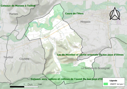 Carte des ZNIEFF de type 1 sur la commune.