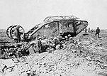 British rhomboid tank and soldiers preparing to advance