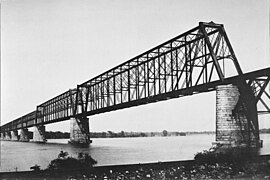 Completed after Whipple's death, the Cairo Rail Bridge was built in two 518 feet (157.9 m) Whipple truss spans, each the largest of that design ever constructed.[4]