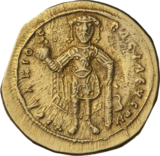 ’n Bisantynse muntstuk met keiser Isak I op.