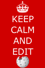 A sign that says "Keep Calm and Edit" with the Wikipedia logo
