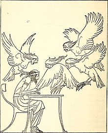 Drawing of a skinny man with a crown on his head, seated at a table and surrounded by aggressive harpies
