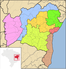 Mapa da Bahia destacando as mesorregiões do estado em diferentes cores.