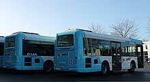 Photo de l'arrière de deux bus de couleur blanc et turquoise.